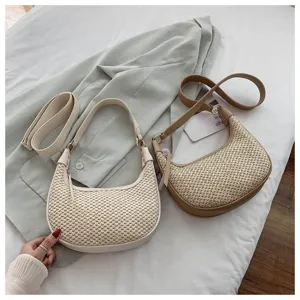Women woven hobo shoulder bag casual straw half-moon crossbody bag summer beach purse.