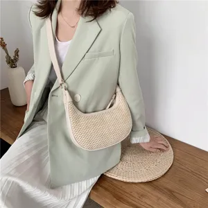 Chic summer straw woven shoulder bag hobo crescent handbag for women fashion casual daily use