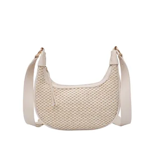 Spring summer women woven shoulder bag fashion casual half moon underarm handbag white