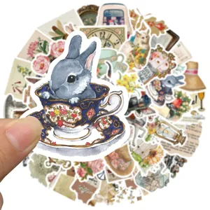 Vintage watercolor rabbit teacup stickers aesthetic waterproof art decal for luggage laptop