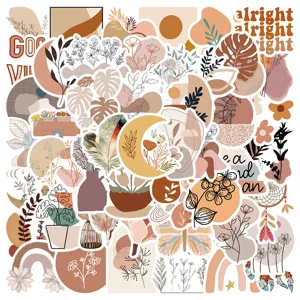 Bohemian aesthetic sticker detail showing artistic plant and abstract geometric design patterns.