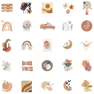 Bohemian art sticker detail showing assorted abstract plant and moon designs for laptops.