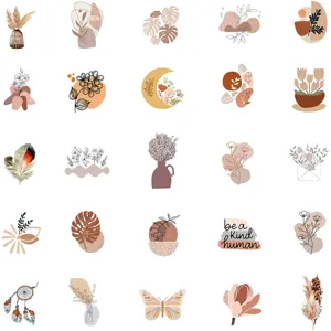 Boho aesthetic sticker set featuring plants, abstract art, and cute illustrations.