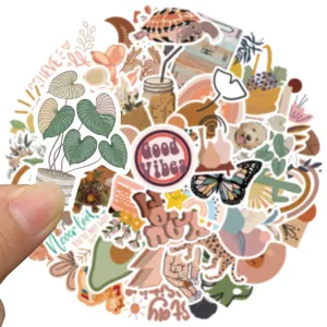 Detailed view of aesthetic bohemian art stickers featuring various plant and motivational quote designs.