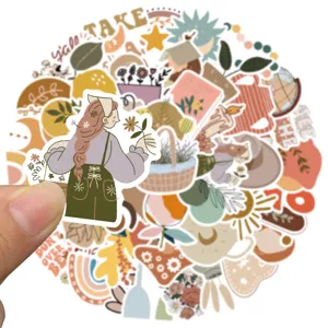 Bohemian aesthetic sticker detail showing cute retro illustration design for laptop and luggage.