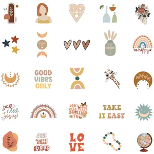 Detailed view of bohemian art sticker set featuring abstract retro designs and inspiring quotes.