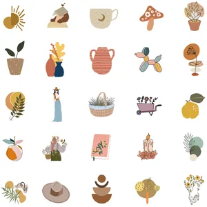 Bohemian aesthetic art stickers set featuring various botanical and abstract illustrations.