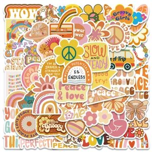 Details of retro bohemian aesthetic stickers pack, showing various groovy vintage patterns.
