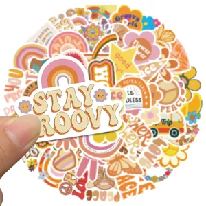 Detail view of boho aesthetic vinyl stickers pack, waterproof art decals for laptop, luggage, guitar.