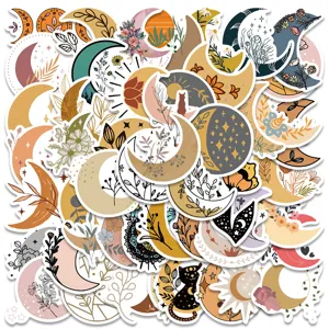 50PCS Boho Moon Floral Stickers Waterproof Aesthetic Vinyl Decals for Laptop Guitar Luggage