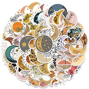 Bohemian moon flower sticker detail, aesthetic boho waterproof decal close up view 50pcs