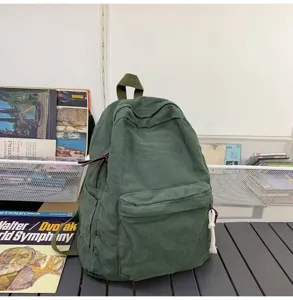 Sac à dos en toile unie minimaliste de loisirs cartable voyage polyvalent vert foncé