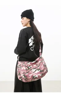 Pink camo canvas crossbody bag for women, large capacity casual daily commute student.