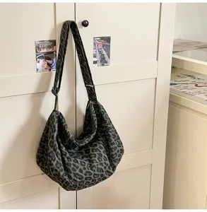 Chic leopard print canvas shoulder bag, large capacity casual crossbody bag for daily women.