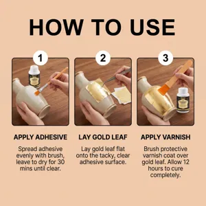 Détail du guide d'utilisation de la colle et du vernis feuille d'or étape par étape.