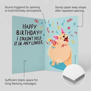Carte de vœux d'anniversaire musicale avec design de bouledogue et effets sonores.