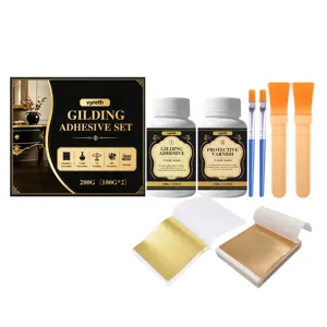 Kit de colle à dorer avec feuilles d'or, pinceaux, adhésif et vernis de protection pour loisirs.