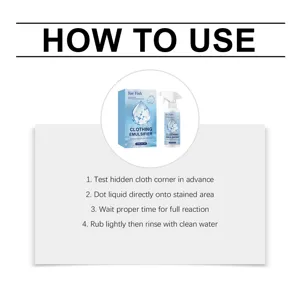 Vue détaillée présentant les instructions et l'emballage du détachant textile Jue Fish.