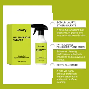Vue détaillée du nettoyant de cuisine polyvalent Jarrary montrant les actifs et agents.