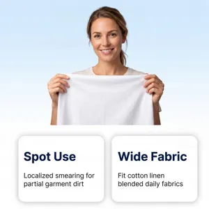 Détail de nettoyage de tissu montrant l'application de détachant sur textile en coton.