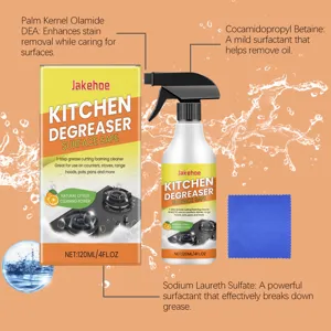 Vue detaillee de la bouteille de spray degraissant de cuisine avec mousse nettoyante et composants.