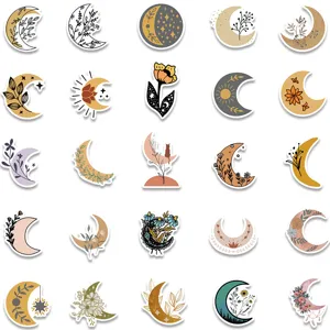 Bohemian moon and botanical art stickers set detail view for laptop and luggage decor