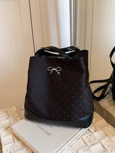 Donna Casual Grande Capacità Zaino Tote Bag PU Pelle Fiocco Cuore Stampa Multiuso Viaggio Scuola Daypack