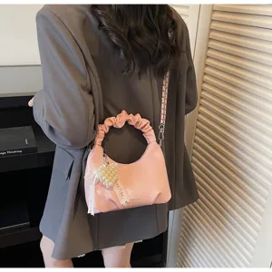 Chic pink pleated shoulder bag for women stylish crossbody cloud bag with pearl decor