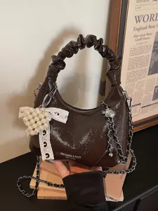 Women Pleated Cloud Bag PU Leather Crossbody Handbag Fashion Casual Chain Shoulder Bag With Pearl Pendant Daily Purse
