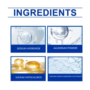 Drain cleaner active ingredients detail infographic showing chemical formula parts.