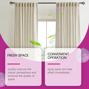 Detailed view of the fabric freshener spray scene with elegant beige curtains and fresh air.