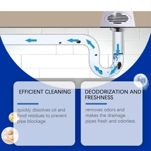 Drain clog remover powder for kitchen sink toilet sewer cleaning and quick dissolving blockages.