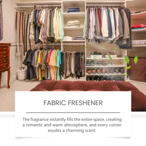Fabric freshener scene image with closet background and clean text design for home use.