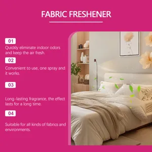 Fabric freshener spray for quick odor removal, long-lasting fragrance and room freshness.