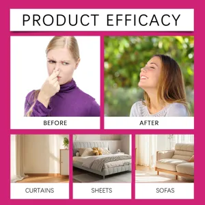 Fabric freshener spray detail showing efficacy and home application scenes for clean air.