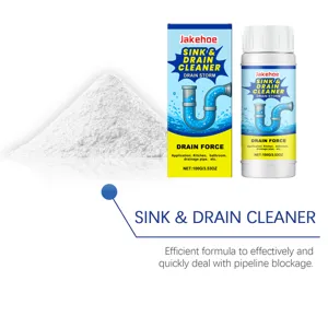 Detailed view of Jakehoe powder drain cleaner for unclogging kitchen and bathroom pipes.