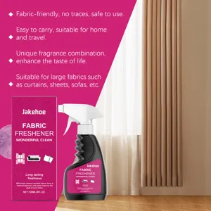 Fabric freshener spray detail showing 120ml bottle, packaging box and fresh home use setup.