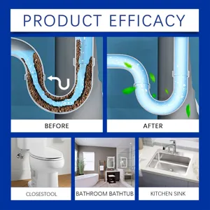 Drain clog remover detail showing pipe efficacy, cleaning effect for kitchen sink and toilet.