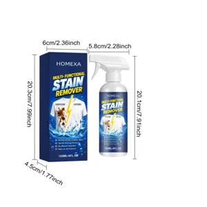 Detailed view of HOMEXA multi-functional stain remover spray and box with clear dimensions.