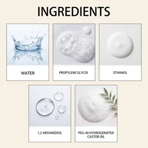 Infografica dettagliata degli ingredienti con acqua, etanolo e formule spray chiare.