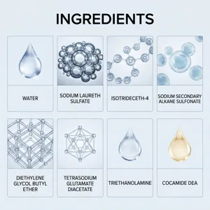 Detailed product infographic card showing active cleaning ingredients and chemical formulas.