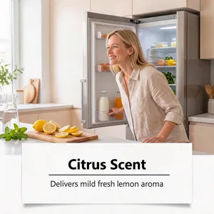 Dettaglio spray sbrinatore per frigorifero con profumo di agrumi e cucina moderna.