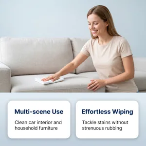 Detail cleaning scene showing soft white cleaning cloth wiping fabric sofa safely.