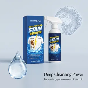 Detail shot of stain remover spray bottle and box showcasing powerful cleaning formula.