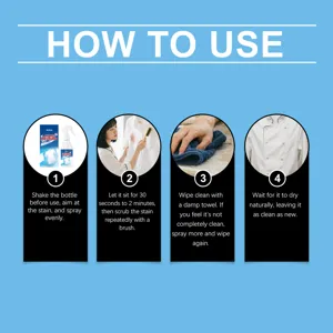 Guide d'utilisation détaillé pour le spray nettoyant pour linge JAKEHOE en quatre étapes.