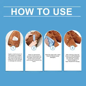 Graphique d'instruction détaillé montrant comment utiliser le kit de nettoyage daim et cuir.