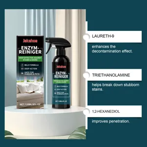 Detailed view of Jakehoe enzyme stain cleaner spray bottle highlighting active ingredients.