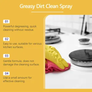 Détail de spray nettoyant pour graisses de cuisine avec dégraissage puissant et soin.