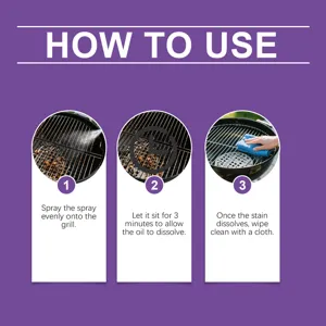Graphique d'instructions de spray nettoyant pour gril presentant trois etapes simples.