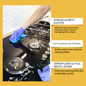 Vue détaillée d'un dégraissant de cuisine nettoyant la cuisinière avec des actifs.